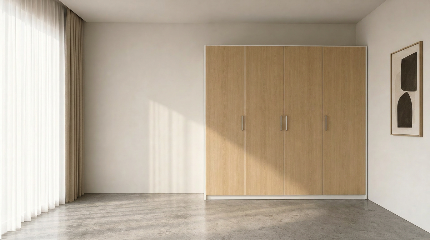 Standaard IKEA PAX kast met eikenhoutlook fronten en witte zijkanten in een minimalistische kamer