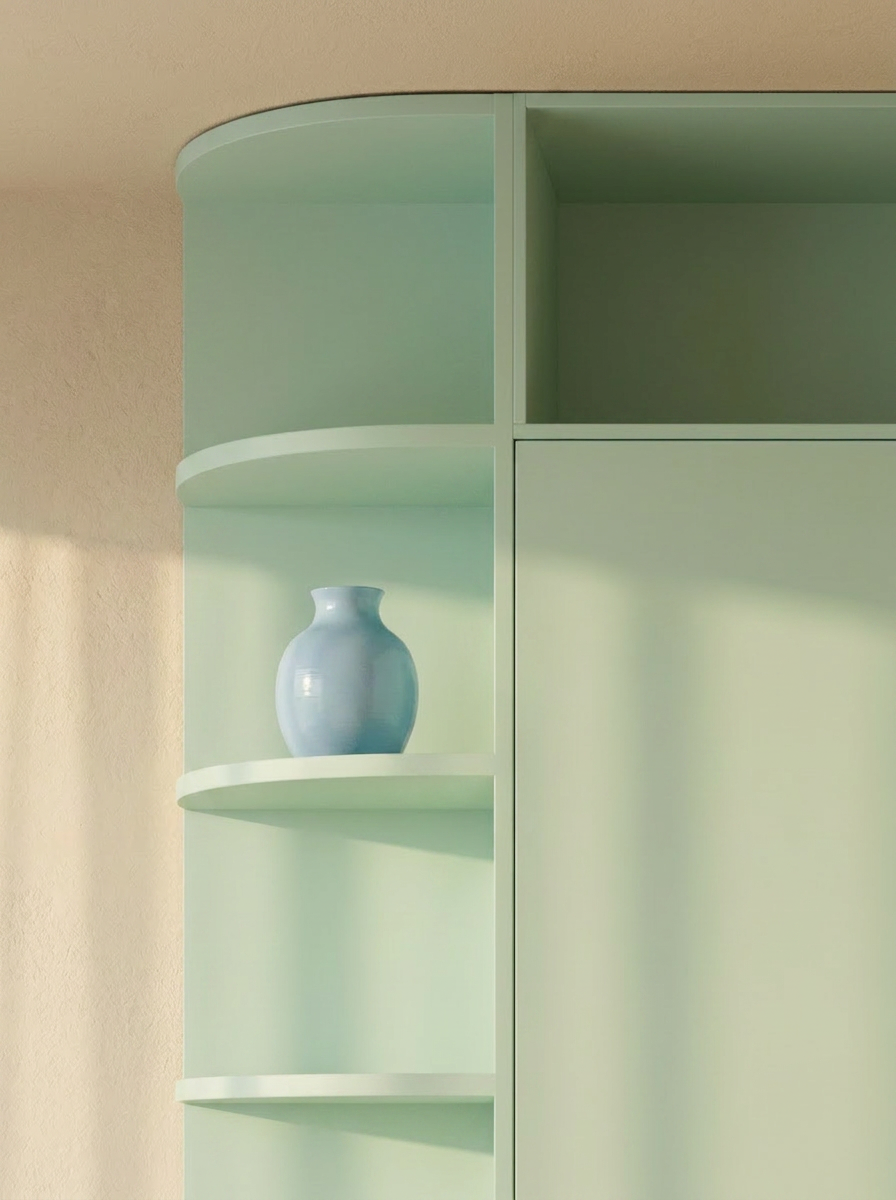 Pastelgroen gebogen open vak met lichtblauwe vaas