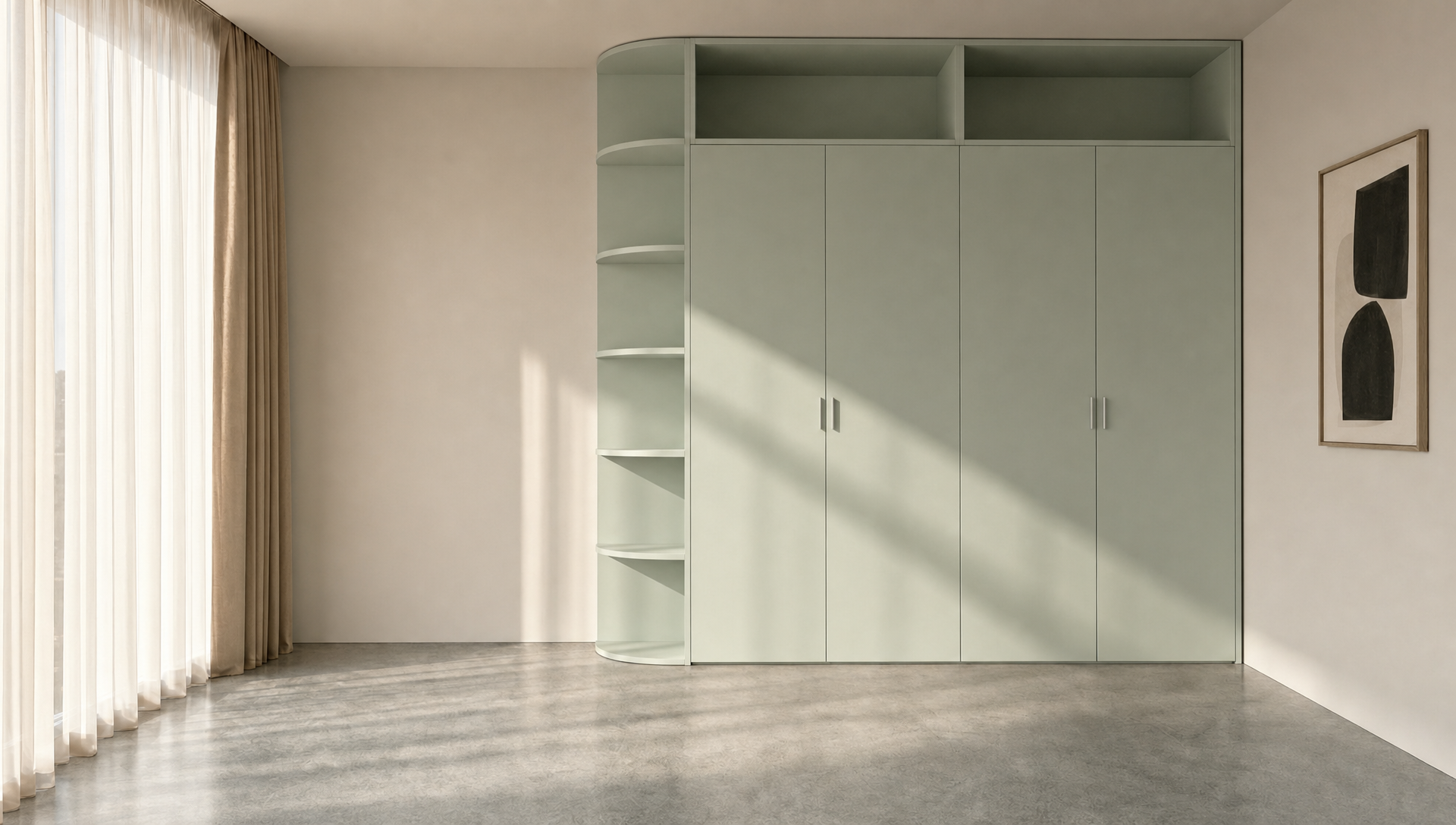 Pastelgroene Vaulta Studio inbouwkast met gebogen open vakken en platte deuren in een lichte ruimte