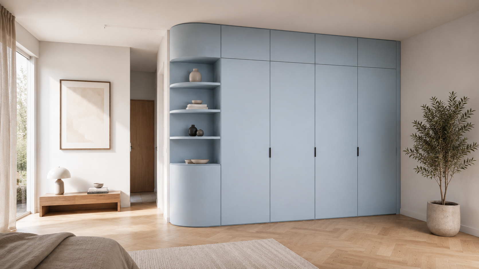 Afgewerkte architecturale kastwand in een minimalistisch interieur